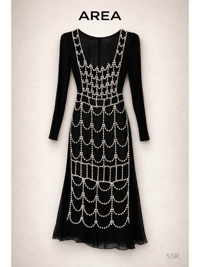 Area Nyc Pearl Cup Chain Embellished Long Sleeve Midi Dress Size 4 Nwt Black